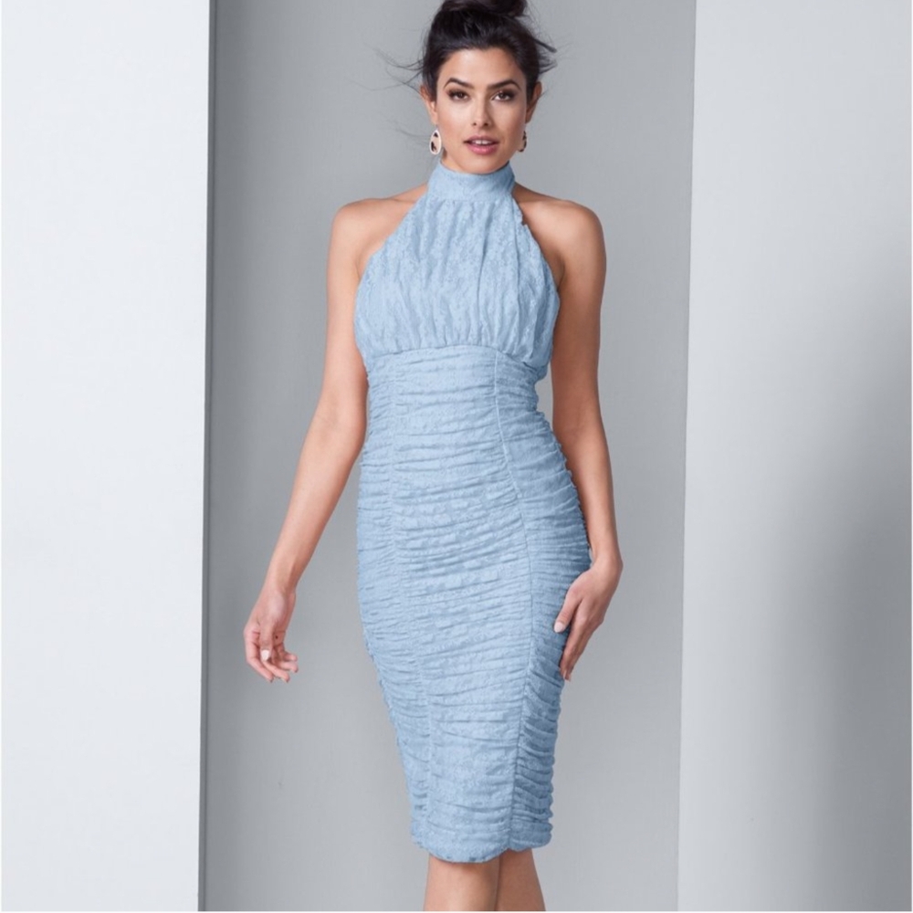 VENUS sz Large Rare Blue Ruched Lace Bodycon Lined Halter Style Dress